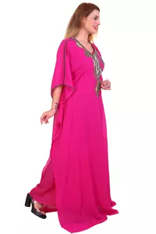 Rani Pink Zari Stone Work Georgette Islamic Style Beads Embedded Partywear Kaftan Long Gown Evening wear Dubai kaftan