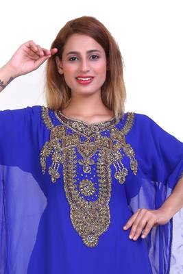 Royal Blue Zari Stone Work Georgette Islamic Style Beads Embedded Partywear Kaftan Long Gown Evening wear Dubai kaftan 2