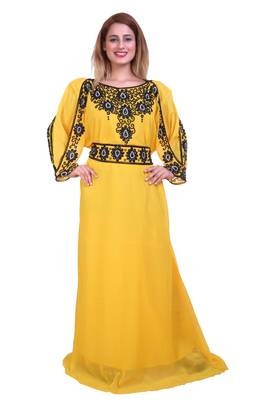 Yellow Zari Stone Work Georgette Islamic Style Beads Embedded Partywear Kaftan Long Gown Evening wear Dubai kaftan 1