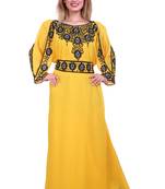 Yellow Zari Stone Work Georgette Islamic Style Beads Embedded Partywear Kaftan Long Gown Evening wear Dubai kaftan