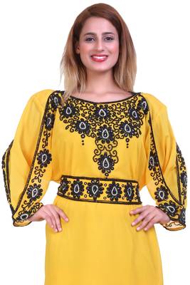Yellow Zari Stone Work Georgette Islamic Style Beads Embedded Partywear Kaftan Long Gown Evening wear Dubai kaftan 2