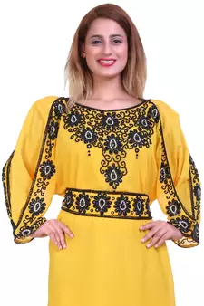 Yellow Zari Stone Work Georgette Islamic Style Beads Embedded Partywear Kaftan Long Gown Evening wear Dubai kaftan