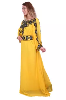 Yellow Zari Stone Work Georgette Islamic Style Beads Embedded Partywear Kaftan Long Gown Evening wear Dubai kaftan