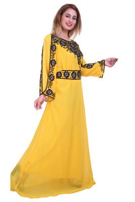 Yellow Zari Stone Work Georgette Islamic Style Beads Embedded Partywear Kaftan Long Gown Evening wear Dubai kaftan 4