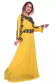Yellow Zari Stone Work Georgette Islamic Style Beads Embedded Partywear Kaftan Long Gown Evening wear Dubai kaftan