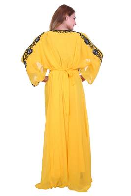 Yellow Zari Stone Work Georgette Islamic Style Beads Embedded Partywear Kaftan Long Gown Evening wear Dubai kaftan 5