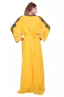 Yellow Zari Stone Work Georgette Islamic Style Beads Embedded Partywear Kaftan Long Gown Evening wear Dubai kaftan