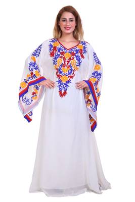 White Ari Work Georgette Islamic Style Stone Embedded Partywear Kaftan Long Gown Evening wear Dubai kaftan 1