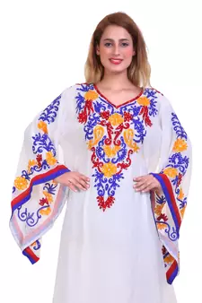 White Ari Work Georgette Islamic Style Stone Embedded Partywear Kaftan Long Gown Evening wear Dubai kaftan