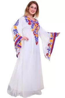 White Ari Work Georgette Islamic Style Stone Embedded Partywear Kaftan Long Gown Evening wear Dubai kaftan