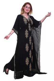 Black Zari Stone Work Georgette Islamic Style Beads Embedded Partywear Kaftan Long Gown Evening wear Dubai kaftan