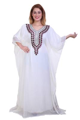 White Zari Stone Work Georgette Islamic Style Beads Embedded Partywear Kaftan Long Gown Evening wear Dubai kaftan 1