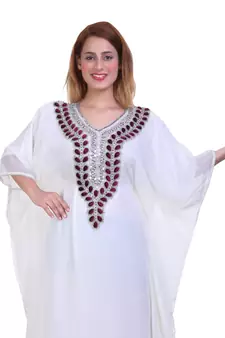 White Zari Stone Work Georgette Islamic Style Beads Embedded Partywear Kaftan Long Gown Evening wear Dubai kaftan