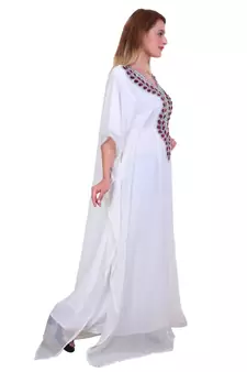 White Zari Stone Work Georgette Islamic Style Beads Embedded Partywear Kaftan Long Gown Evening wear Dubai kaftan