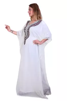 White Zari Stone Work Georgette Islamic Style Beads Embedded Partywear Kaftan Long Gown Evening wear Dubai kaftan