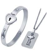 Classic Design Heart Lock and Key Stainless Steel Couple Bracelet &  Nacklace Set for Couples Men and Women