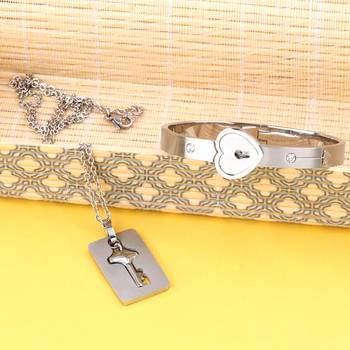 Classic Design Heart Lock and Key Stainless Steel Couple Bracelet &  Nacklace Set for Couples Men and Women 2