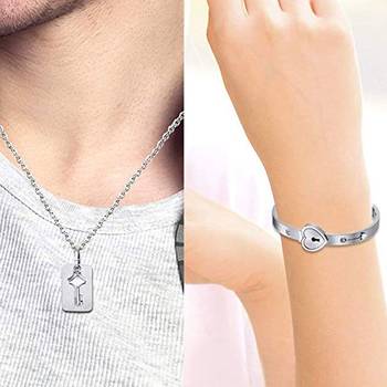 Classic Design Heart Lock and Key Stainless Steel Couple Bracelet &  Nacklace Set for Couples Men and Women 4