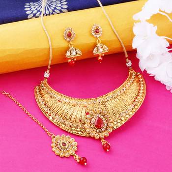 Gold Plated Traditional Neckalce Set Jewellery Set For Women Girls 4