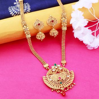 Traditional  Long  Set  With Crave  Shape  Pandal  Gold  Plated  And  Red Green  Crystal Jewellery For  Women And Girls 1