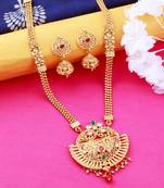 Traditional  Long  Set  With Crave  Shape  Pandal  Gold  Plated  And  Red Green  Crystal Jewellery For  Women And Girls