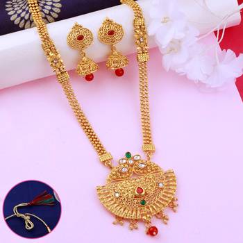 Traditional  Long  Set  With Crave  Shape  Pandal  Gold  Plated  And  Red Green  Crystal Jewellery For  Women And Girls 2