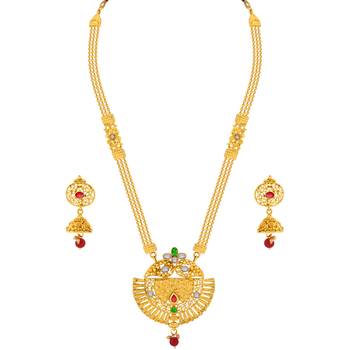 Traditional  Long  Set  With Crave  Shape  Pandal  Gold  Plated  And  Red Green  Crystal Jewellery For  Women And Girls 3