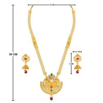 Traditional  Long  Set  With Crave  Shape  Pandal  Gold  Plated  And  Red Green  Crystal Jewellery For  Women And Girls 4