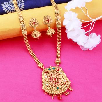 Traditional  Long  Set  With Gold  Plated And  Red Green Crystal  Three  Layers  Jewellery For  Women And Girls 1