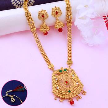 Traditional  Long  Set  With Gold  Plated And  Red Green Crystal  Three  Layers  Jewellery For  Women And Girls 2