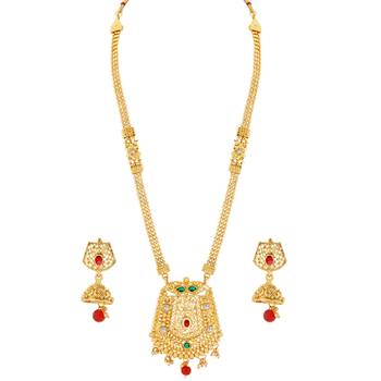 Traditional  Long  Set  With Gold  Plated And  Red Green Crystal  Three  Layers  Jewellery For  Women And Girls 3