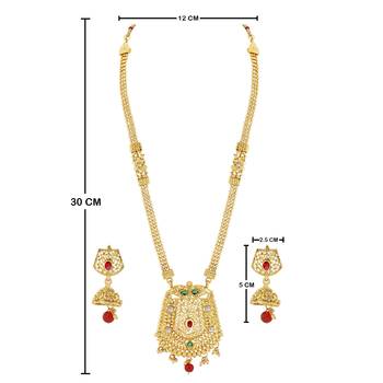 Traditional  Long  Set  With Gold  Plated And  Red Green Crystal  Three  Layers  Jewellery For  Women And Girls 4