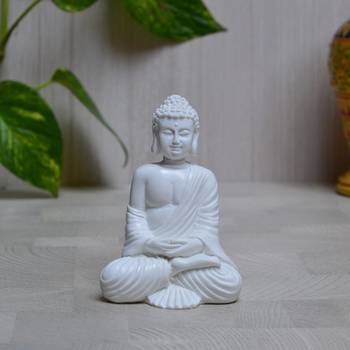 Polyresin Pure White Resting Buddha on Knee 1