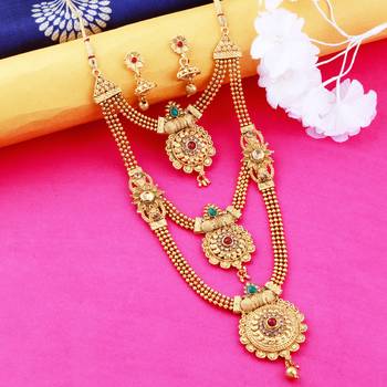 Traditional Long Set Three Layers With Stylish Pandel Gold Plated  Three Line Chain Jewellery For  Women And Girls 1