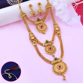 Traditional Long Set Three Layers With Stylish Pandel Gold Plated  Three Line Chain Jewellery For  Women And Girls 2