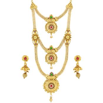 Traditional Long Set Three Layers With Stylish Pandel Gold Plated  Three Line Chain Jewellery For  Women And Girls 3
