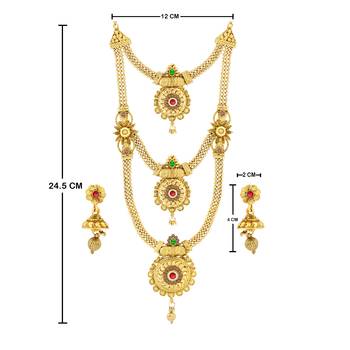 Traditional Long Set Three Layers With Stylish Pandel Gold Plated  Three Line Chain Jewellery For  Women And Girls 4