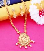 Gold Plated Long Set Three Line Chain Oval Shape Pandal With White Peral Hanging Jewellery For  Women And Girls