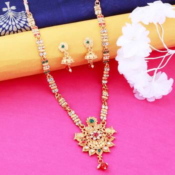 Gold Plated Party Wear Long Set Muilti Colour  Crystal Designer Chain Jewellery For  Women And Girls 1