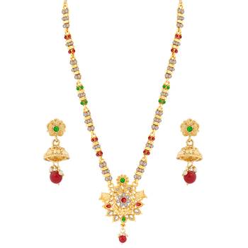 Gold Plated Party Wear Long Set Muilti Colour  Crystal Designer Chain Jewellery For  Women And Girls 3