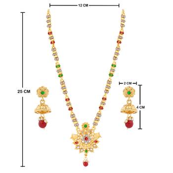 Gold Plated Party Wear Long Set Muilti Colour  Crystal Designer Chain Jewellery For  Women And Girls 4