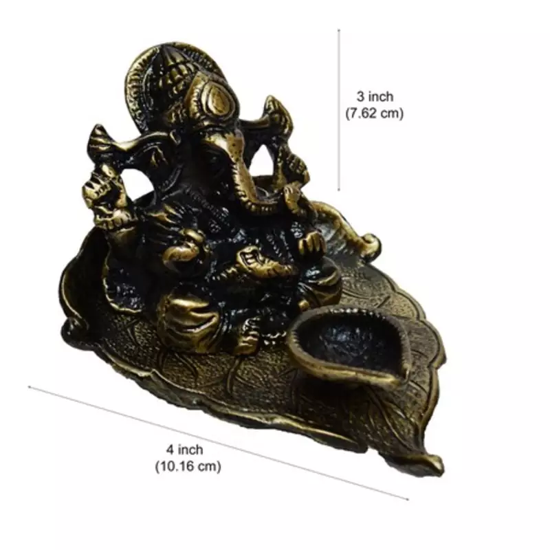 Metal Lord Ganesha with Diya on Leaf