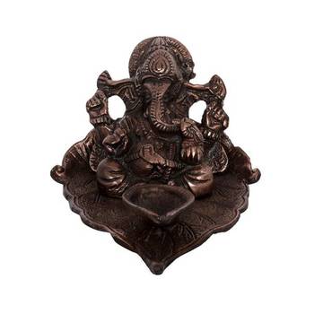 Metal Lord Ganesha with Diya on Leaf 2