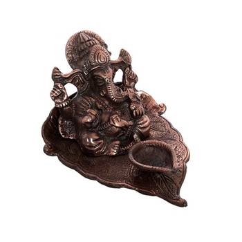 Metal Lord Ganesha with Diya on Leaf 3
