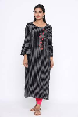 Ardozaa Women's Rayon Stripe Print Straight Kurta (Black) 1