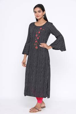 Ardozaa Women's Rayon Stripe Print Straight Kurta (Black) 2