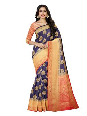 Mimosa Kanjivaram Style Art Silk Saree Color :  Navy Blue 1