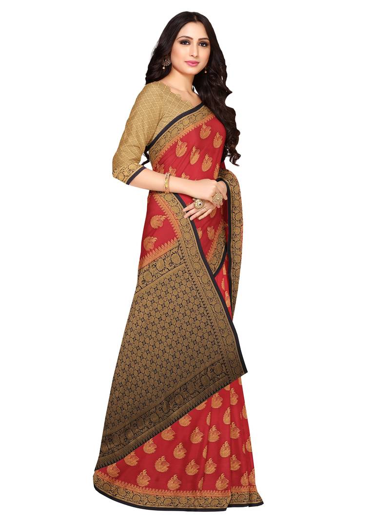 Mimosa Mysore Silk Style Crepe Saree Color :  Red