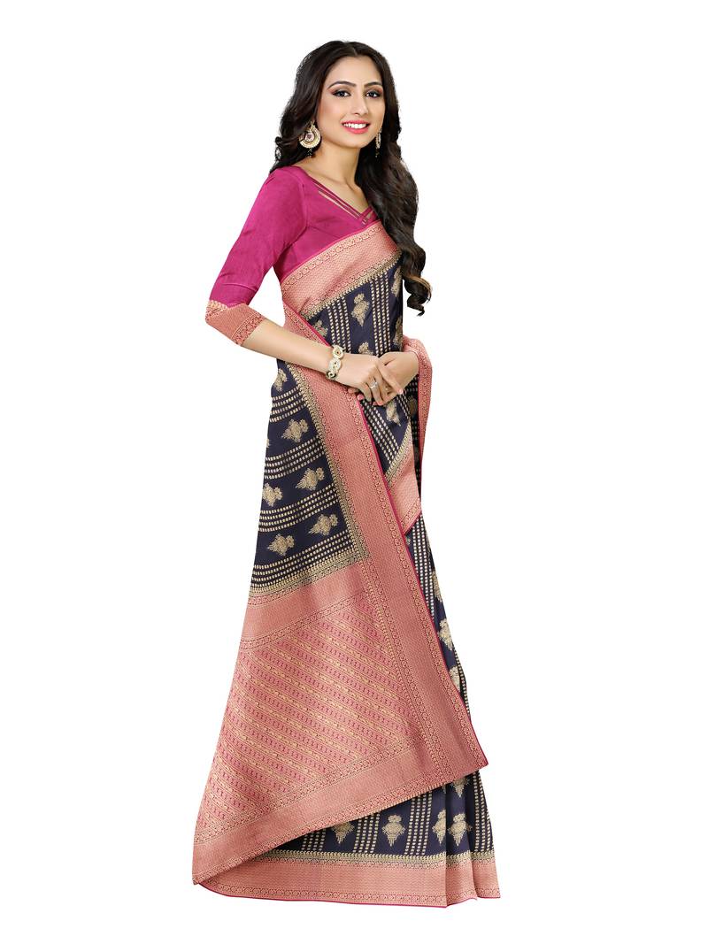 Mimosa Kanjivaram Style Art Silk Saree Color :  Navy Blue