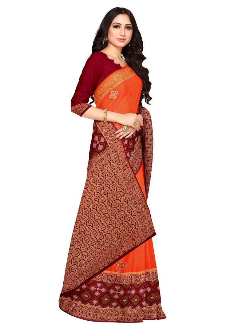 Mimosa Ikat Style Art Silk Saree Color :  Orange